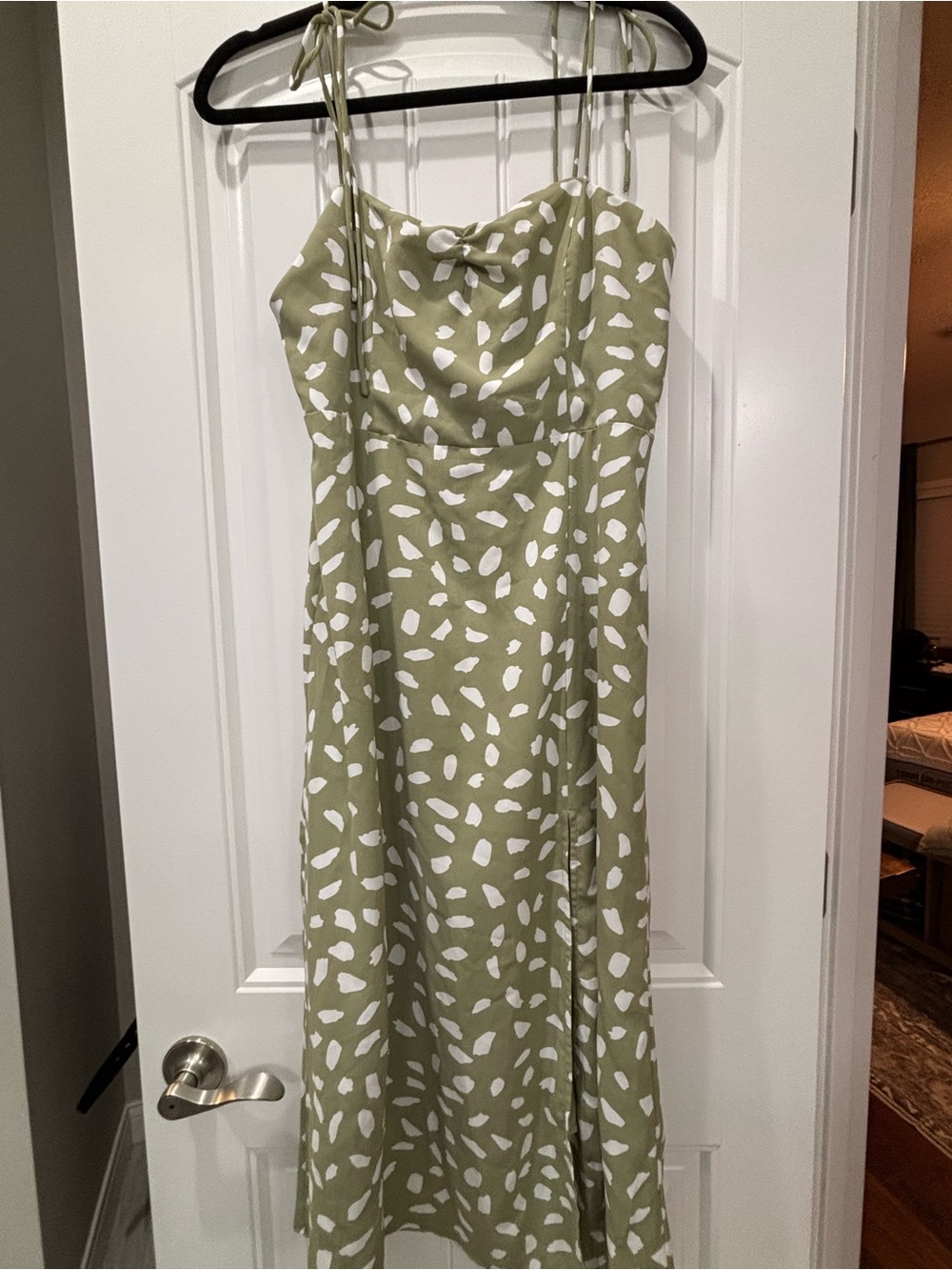 Olive Green & White Printed Slip Dress with Tie Straps